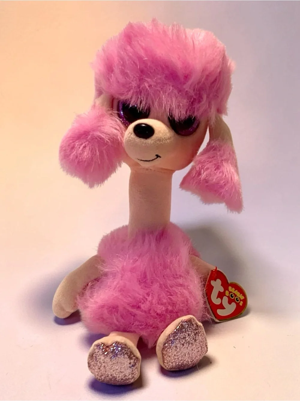 Ty Pink Plush Poodle Beanie Buddy with Fluffy Trim